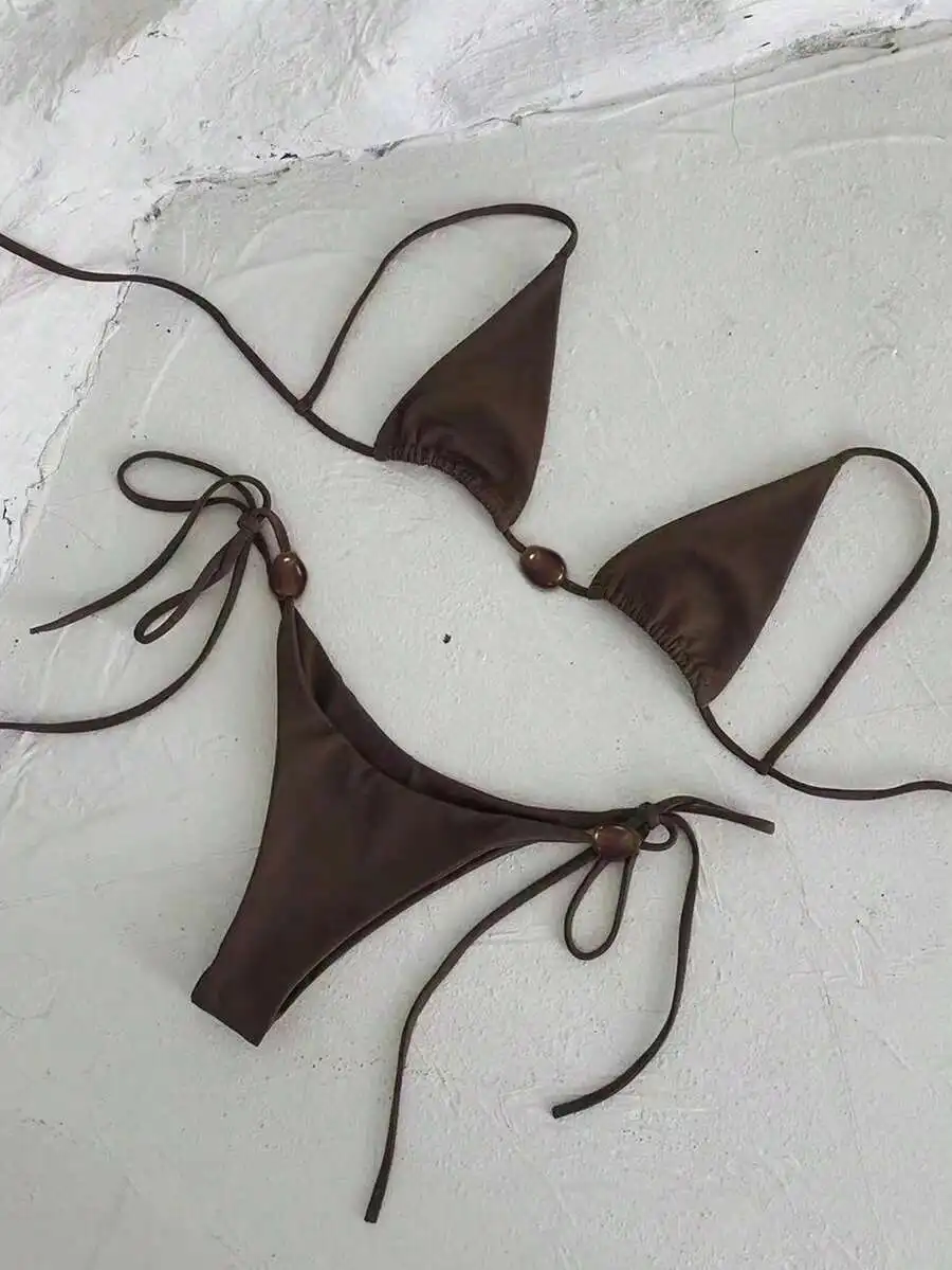

Brown Solid Color Tie-Up Triangle Bikini Set with Beaded Detail