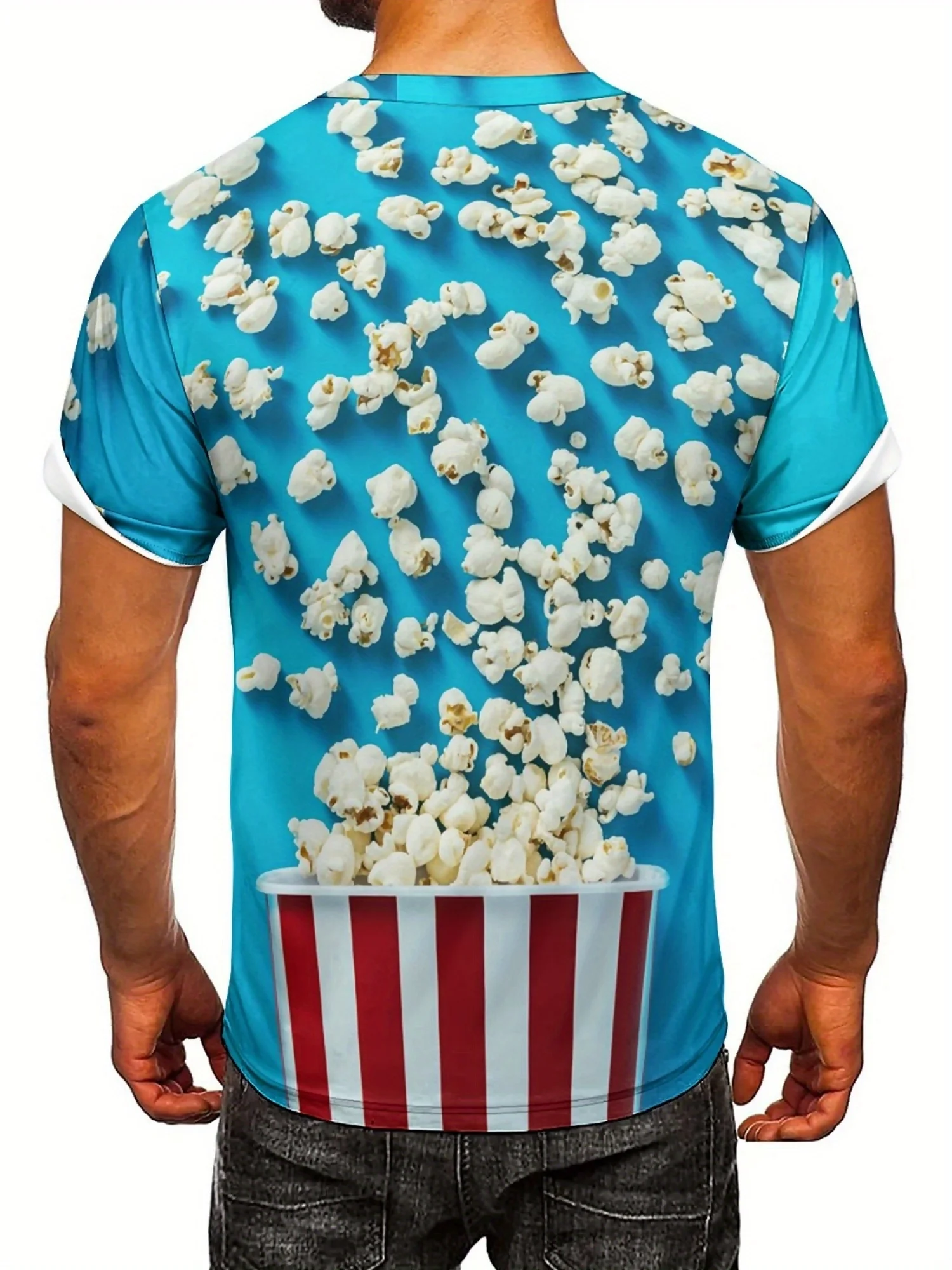 Men's 3D Popcorn Print T-Shirt, Light Blue with Realistic Food Design, High-Quality Polyester Fabric