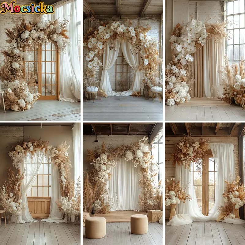 

Mocsicka Boho Photography Background Retro Flowers Pampas Grass Backdrop Wedding Birthday Maternity Portrait Photo studio
