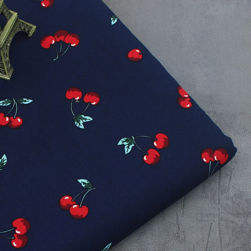 White Navy Cherry Cotton Poplin Printed Fabric DIY Handmade for Quilting Sewing Accessories