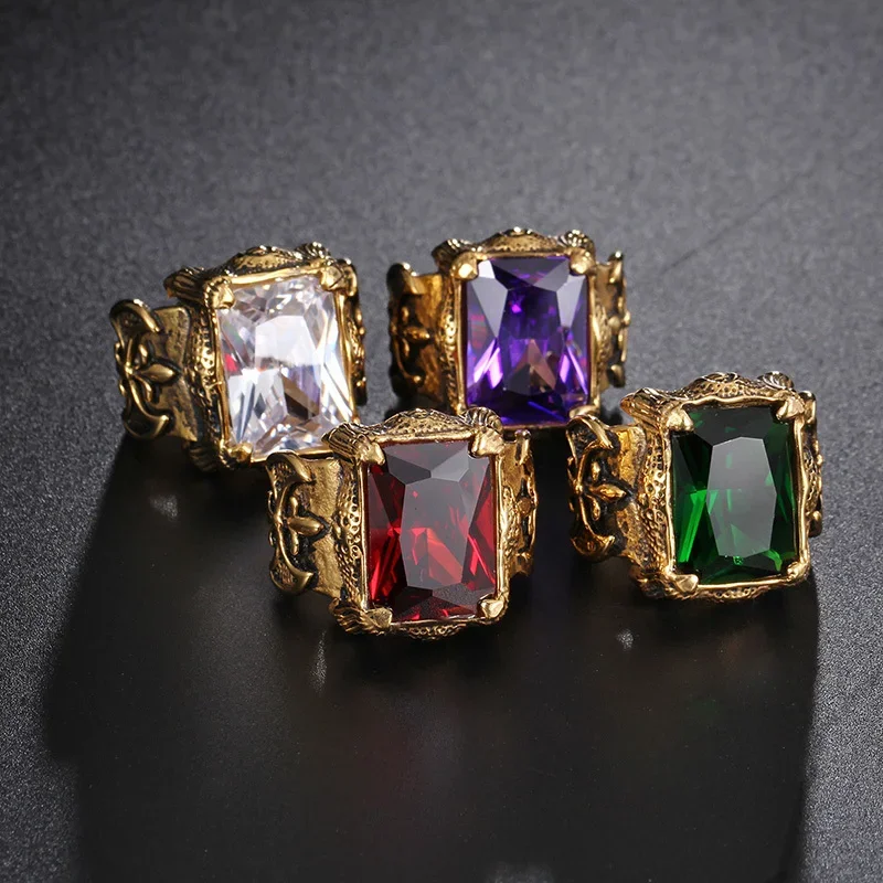 Men's Punk Ring Gold-colour Gothic Stainless Steel Ring Green Purple Clear Red Stone Big Ring Hot Selling Size 8 9 10 11 12 13