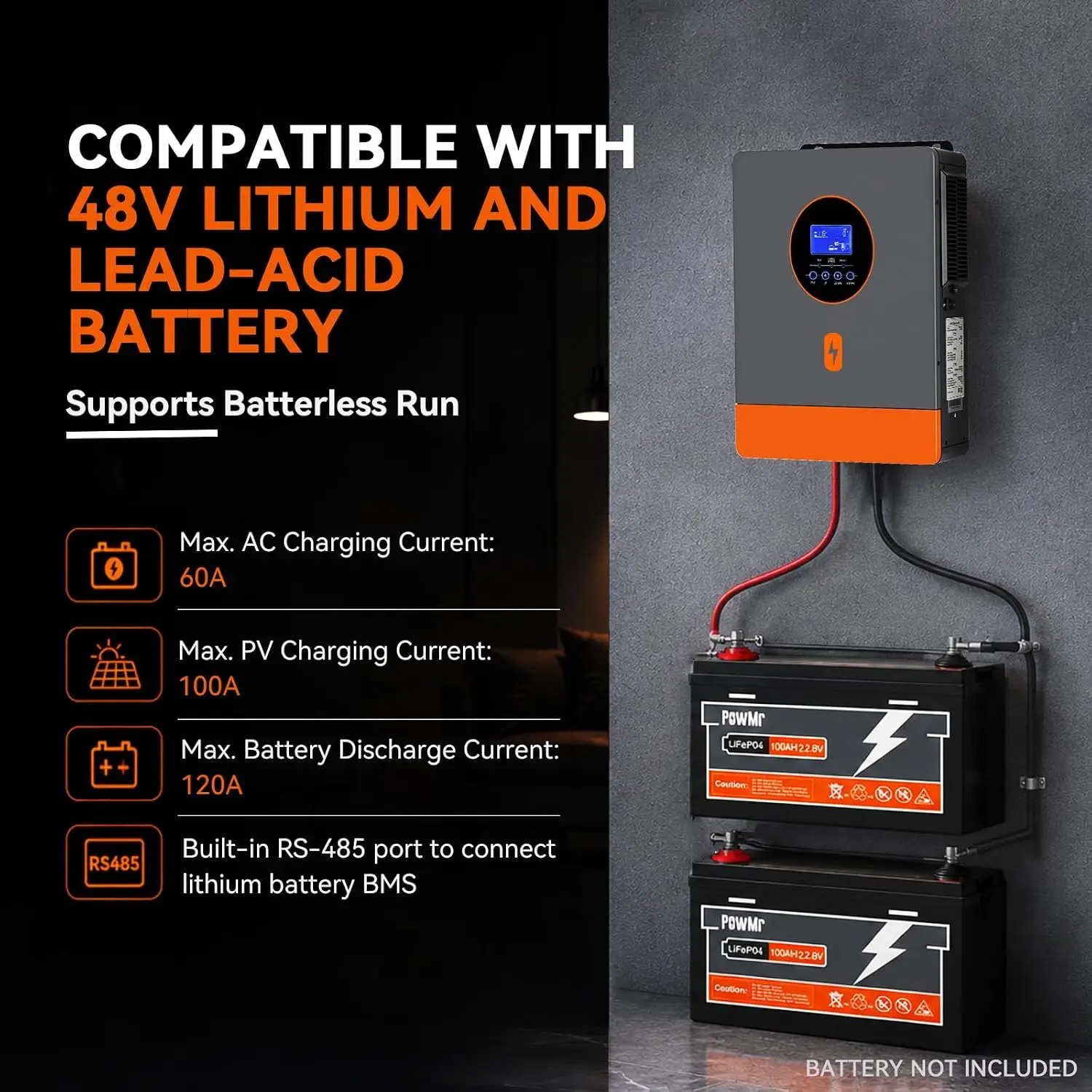 PowMr 6.5KW Split Phase Inverter 48V 110V or 220V with MPPT 100A Solar Battery Charger RS485 CAN Max PV Array Power 7200W image 5