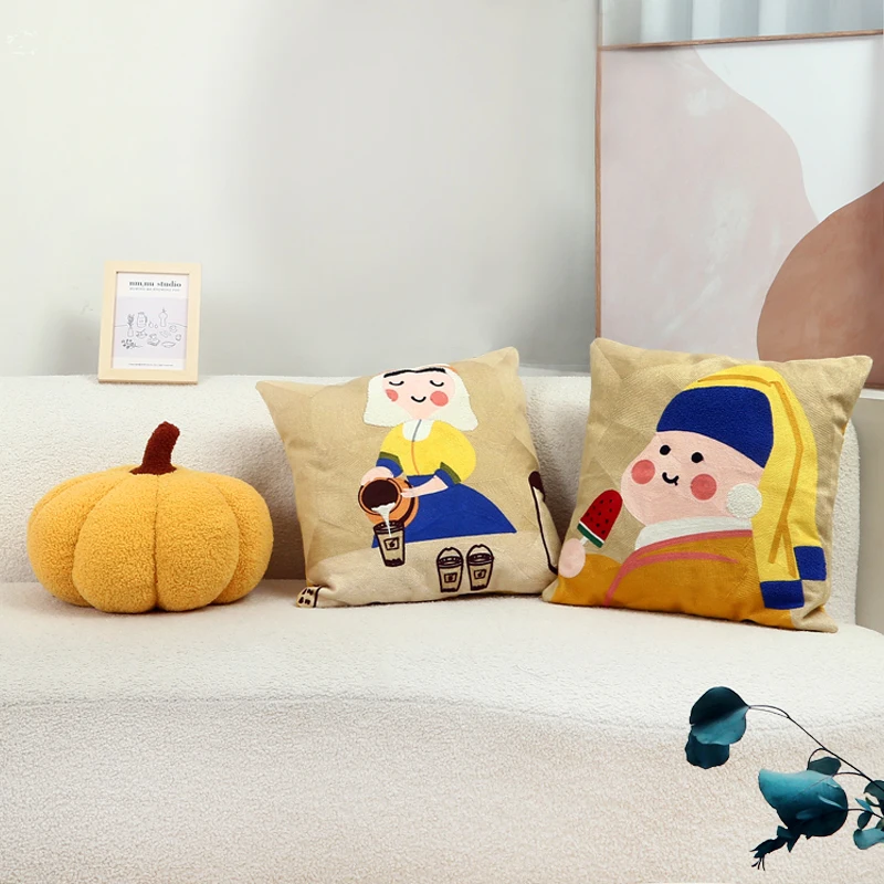 Embroidered Throw Pillowcase for Girls, Cute Cartoon Sofa Cushion Cover, Frida Khalo, Living Room view 2