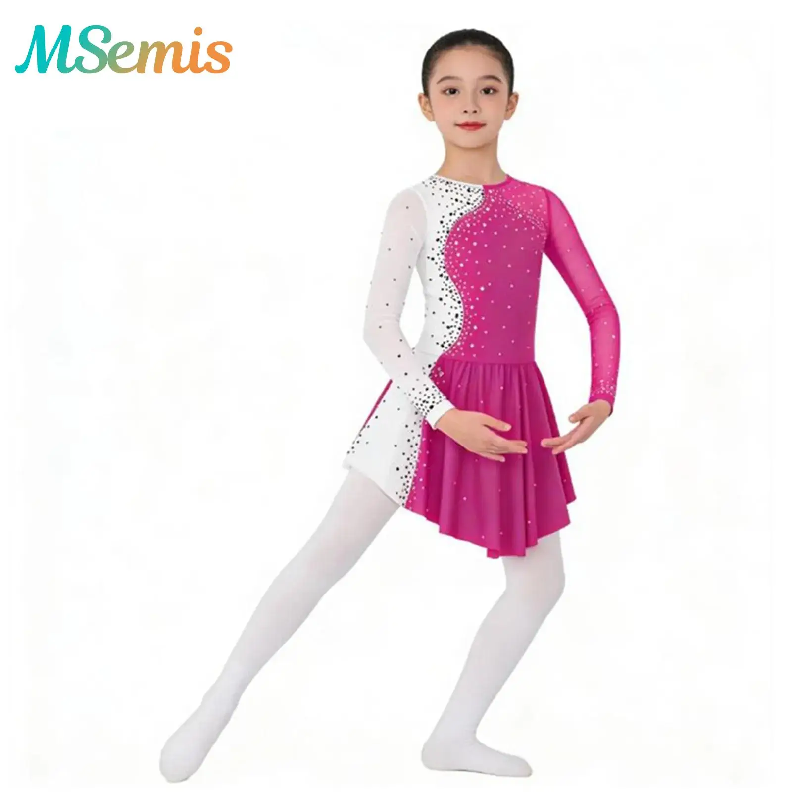 

Детский костюм для девочек с блестящими стразами, гимнастический костюм для фигурного катания, танцевальный костюм с длинными рукавами, балетное трико для лирического танца, платье
