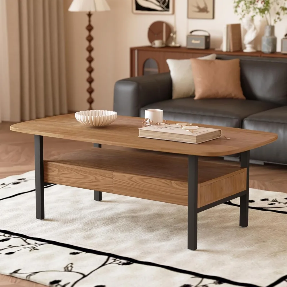طاولة قهوة بأدراج ورف مفتوح، طاولة مركزية لغرفة المعيشة الحديثة مقاس 47 بوصة مع زوايا مستديرة، طاولة شاي للتخزين