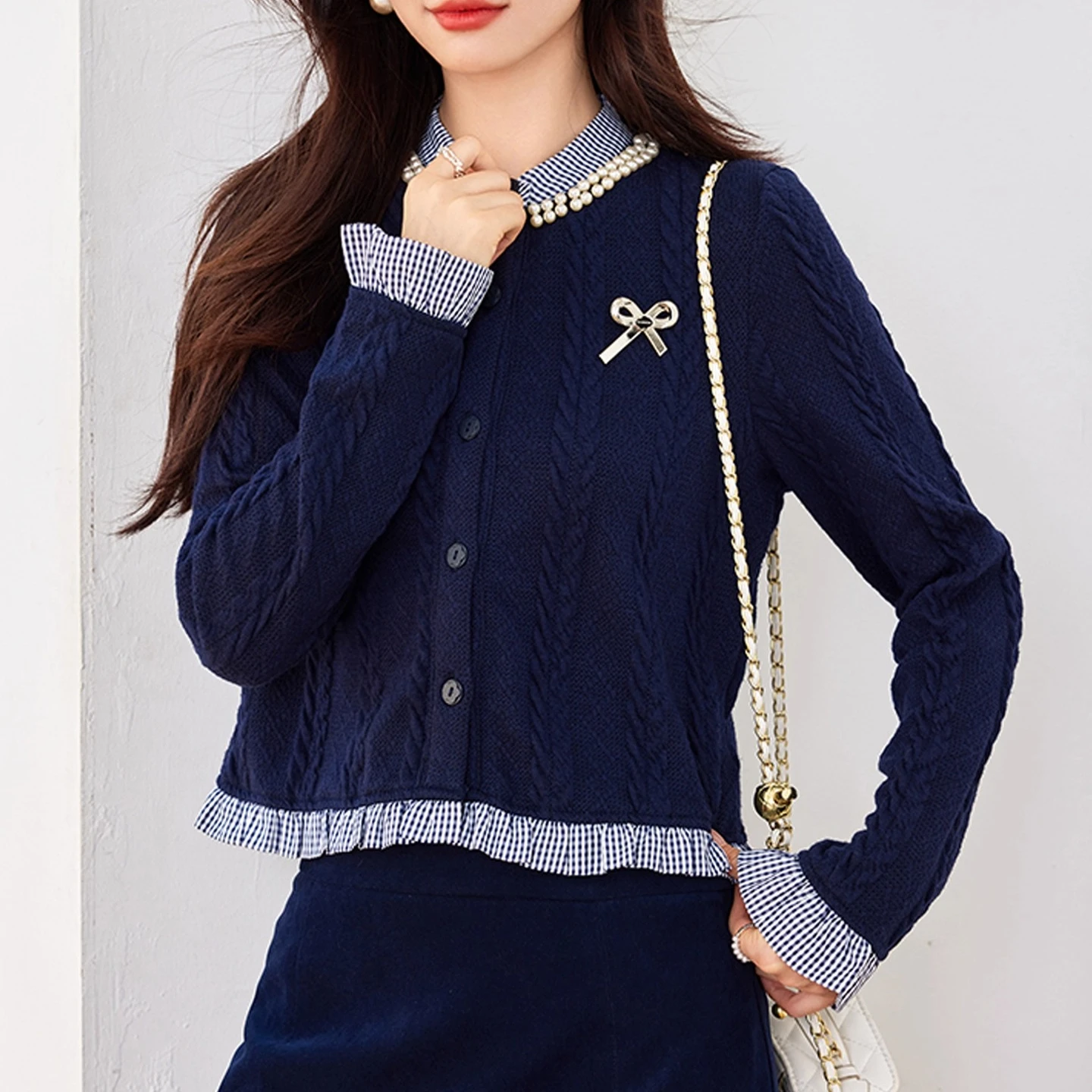 

Korean Soft Cardigan Women Autumn Winter Fake Two Piece Plaid Beaded Knit Sweater Top