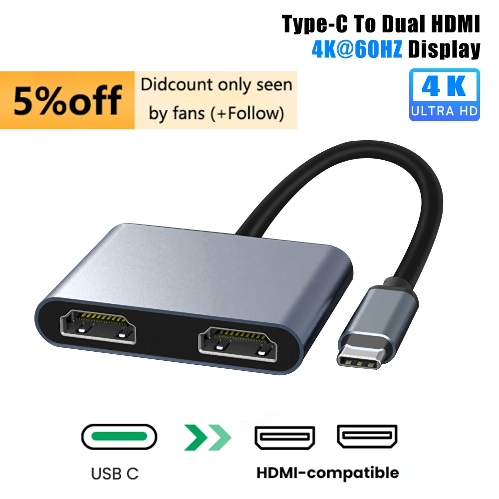 2-портовый концентратор USB C для двойного разветвителя HDMI 4K 60 Гц, двойной экран, док-станция типа C для Macbook, ноутбука, мобильного телефона,