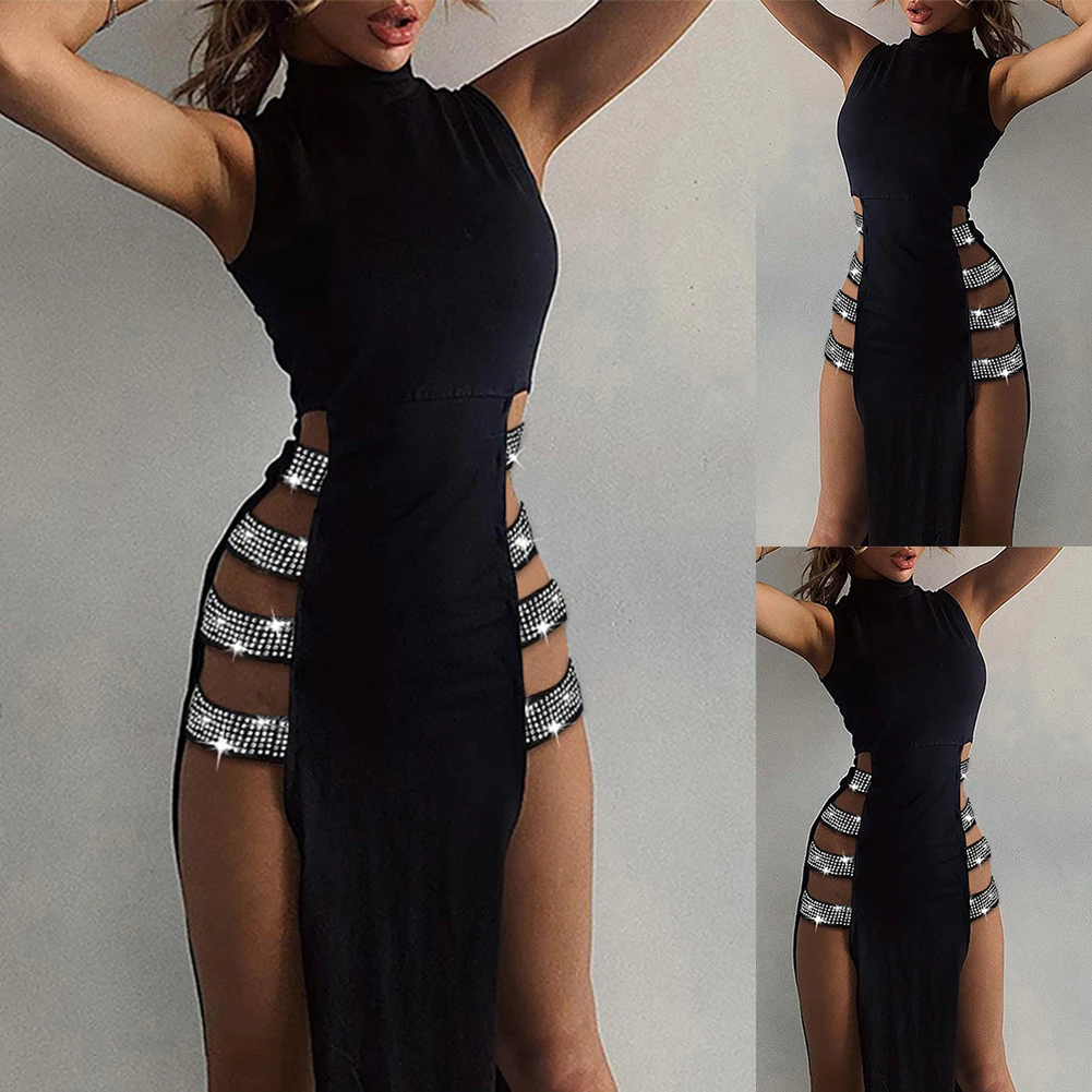 Bodycon Women Dress Club Daily Party Side High Slit Sleeveless Stand Collar Summer Comfortable Elegant Fashion