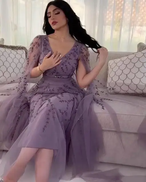 Fairytale-Vestido largo de manga larga con cuello en V y lentejuelas para mujer, traje de fiesta de línea A, largo hasta el suelo, plisado de encaje, Vestidos de Noche de tren de barrido