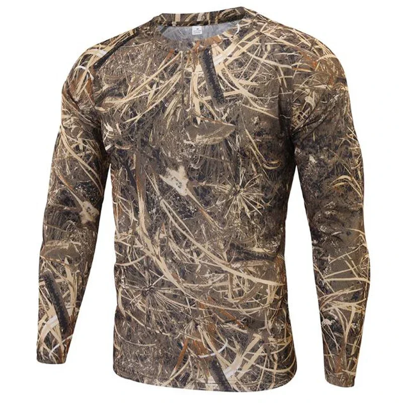 Herren 3D-Druck Tarnmuster Langarm-T-Shirt aus Polyester, schnelltrocknend, Rundhalsausschnitt, Oberteil für Outdoor, Jagd, Angeln, taktisch, Freizeit-T-Shirt – Detail 7