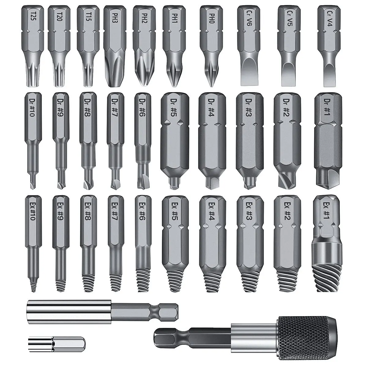33pcs Damaged Screw Extractors Set High Steel Reverse Tooth Reverse Broken Extractor with Socket Adapter Extension Bit Holder