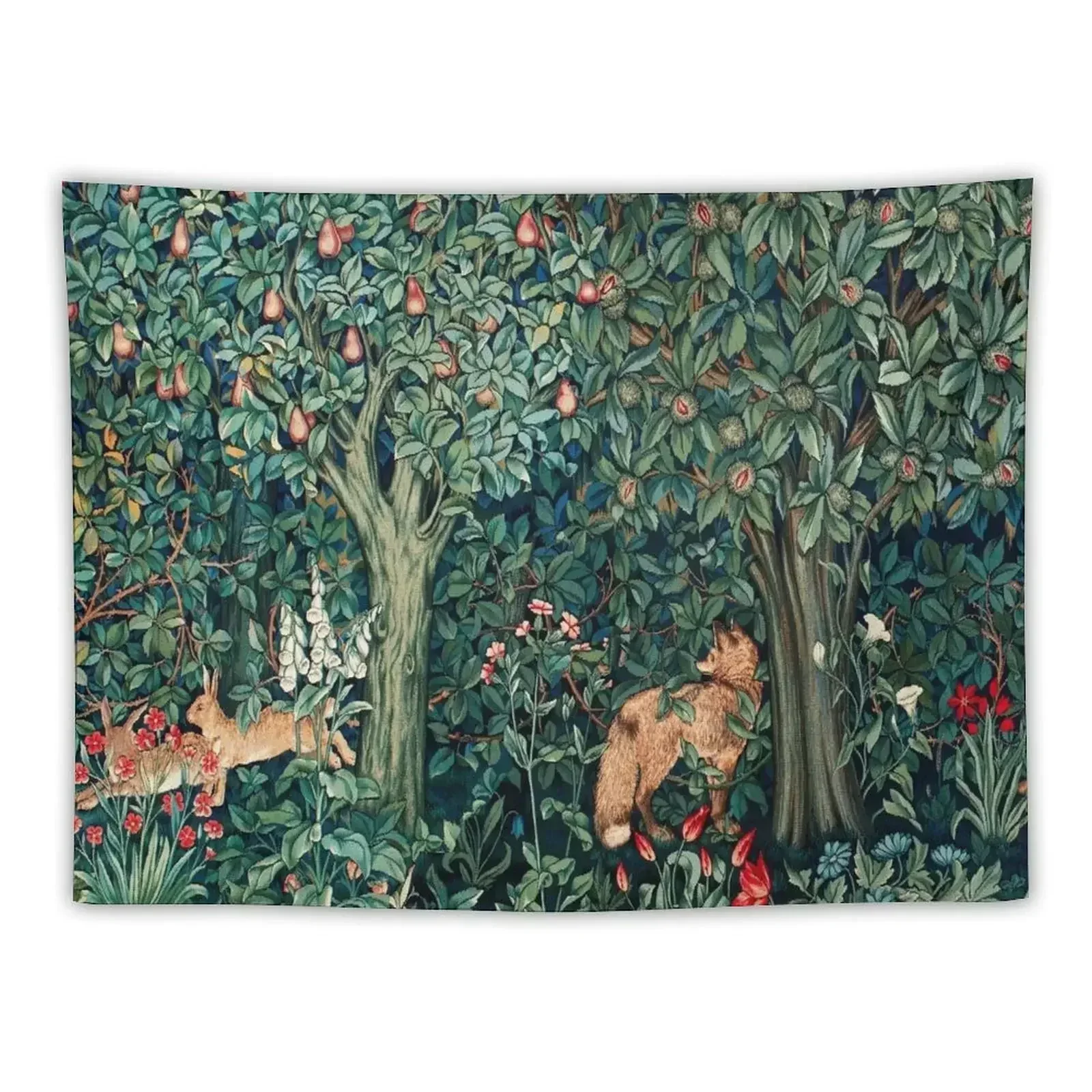 

GREENERY, FOREST ANIMALS Fox and Hares Blue Green Floral Tapestry Home Decorators Wall Hanging Decor Tapestry