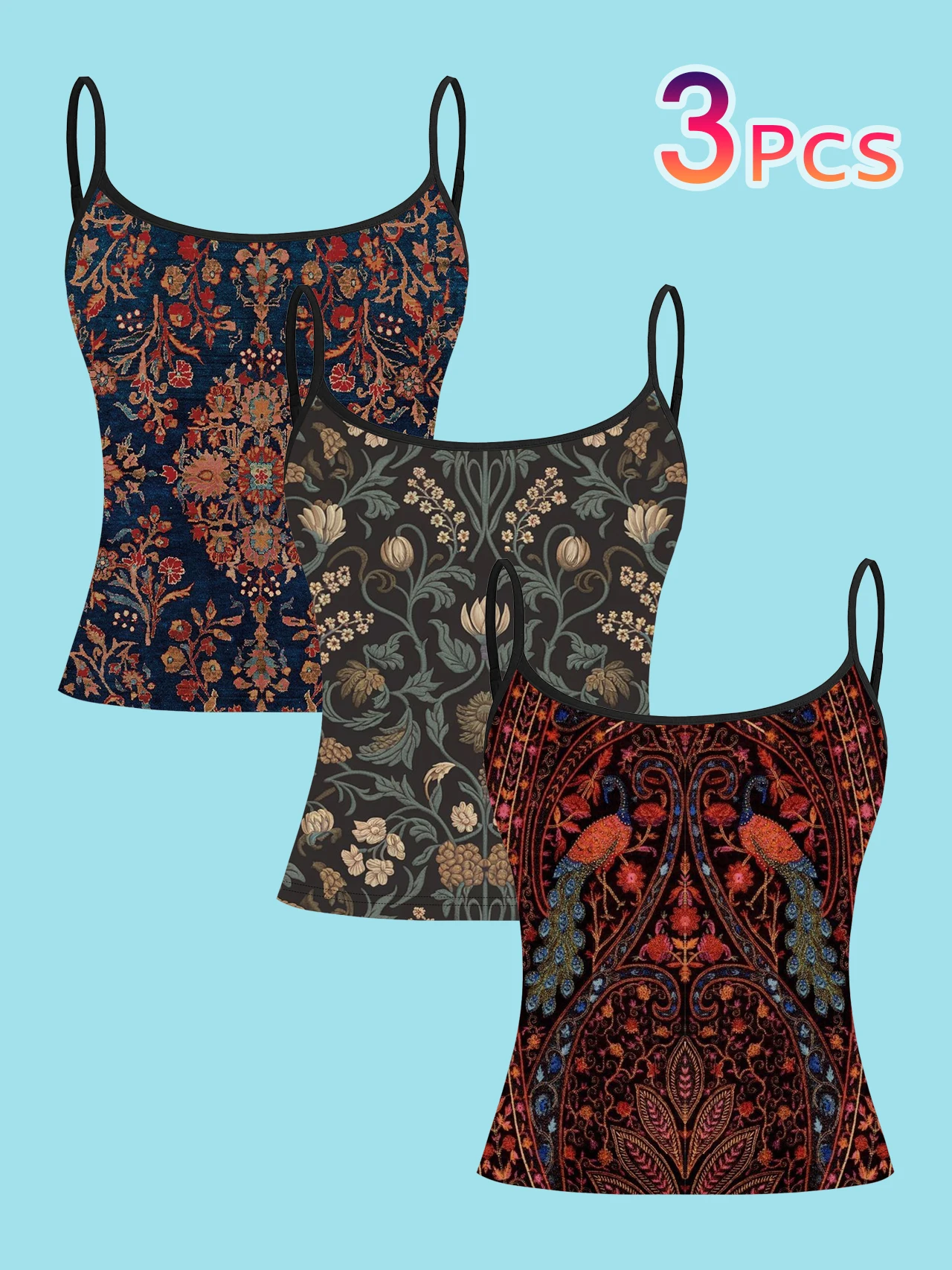 3-Piece Set of Persian Carpet Peacock Pattern Printed Thin Camisole Tops in Navy Blue, Red Floral, Gray-Green Vine, and Burgundy Tapestry Slim-Fit Sleeveless Tops, Vintage Ethnic Style Bohemian Inner and Outer Wear Base Layer Shirts