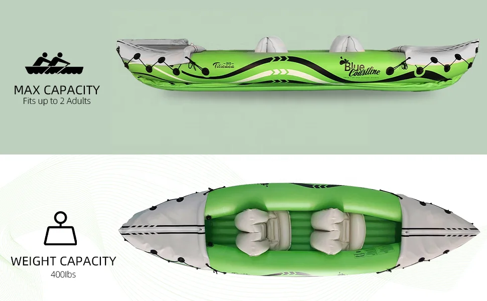 ضمان الجودة كاياك قابل للنفخ من مادة PVC لشخصين مع تصميم ثابت للأرضية الشفافة للمواد البلاستيكية الخارجية للانجراف النهري