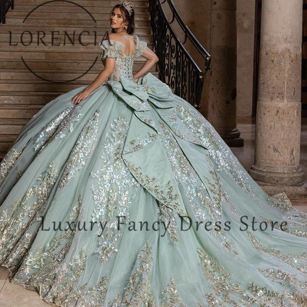 

Magnificent Applique Quinceanera Dresses Off Shoulder Lace Back Bow Birthday Party Ball Gowns Customized robe princesses femme