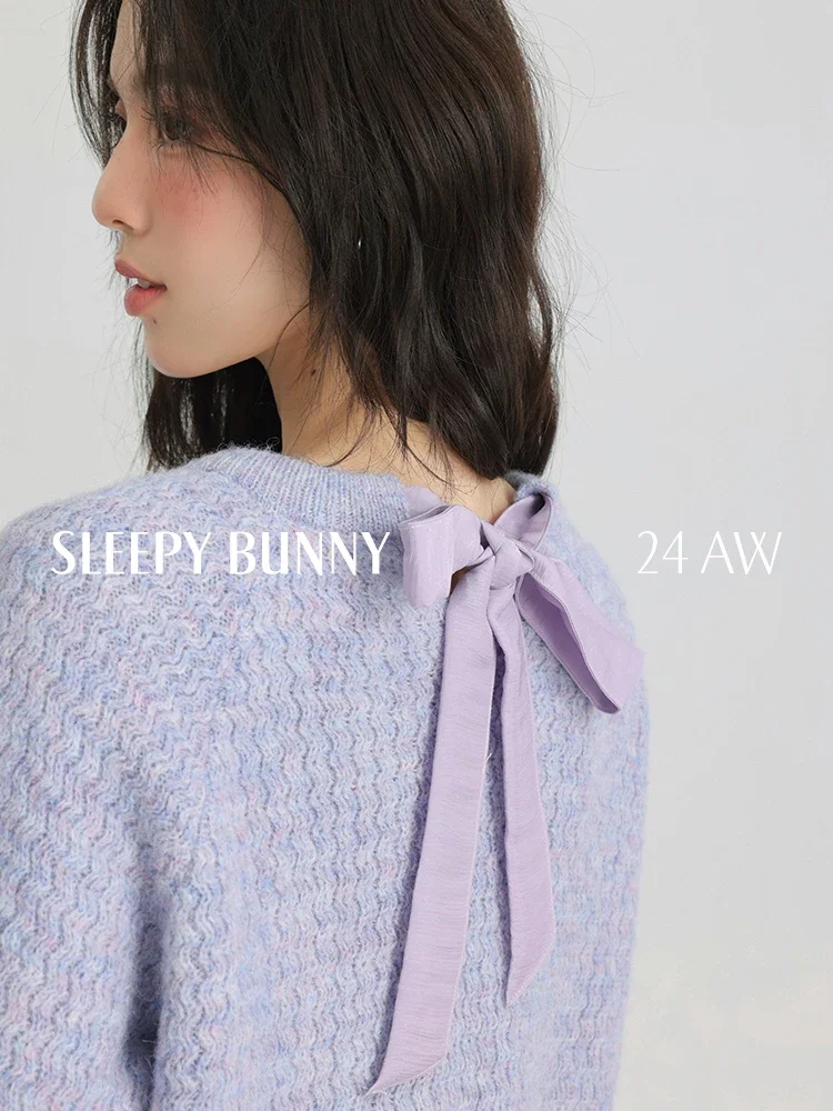 Loose Fit Round Neck Sweater Women Spring Casual Pullover Soft Knit Top with Ribbon Tie Elegant Oversized Lightweight Jumper