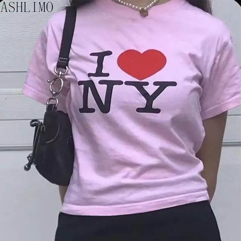 I LOVE NY Letter Print Women Harajuku pink T-shirt Short Sleeve  Y2K Tops Summer Casual Oversized T-Shirts Female Loose Clothes