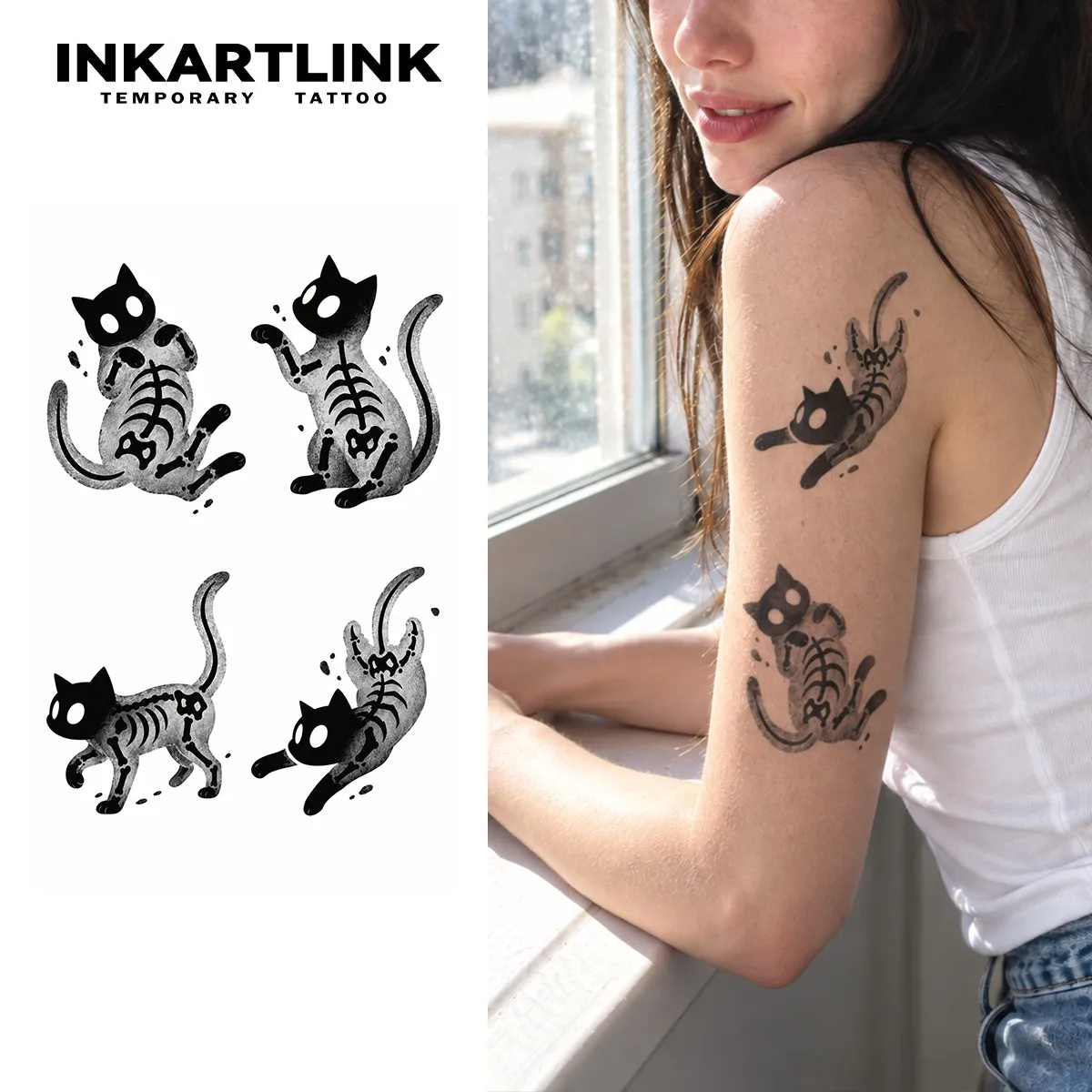 INKARTLINK 1PC Herbal Skeleton Cat Tattoo Lasts 2-5 Days, Unisex for Halloween, Parties & Creepy Cute Style