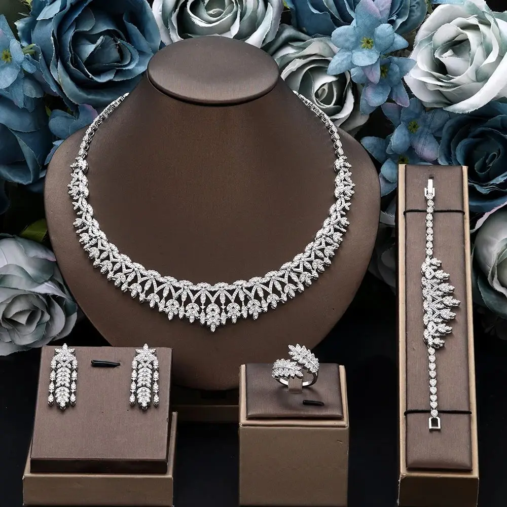 

Роскошный комплект свадебных украшений из Дубая и Нигерии AAA с кубическим цирконием, свадебный комплект из 4 предметов, аксессуары для вечеринок