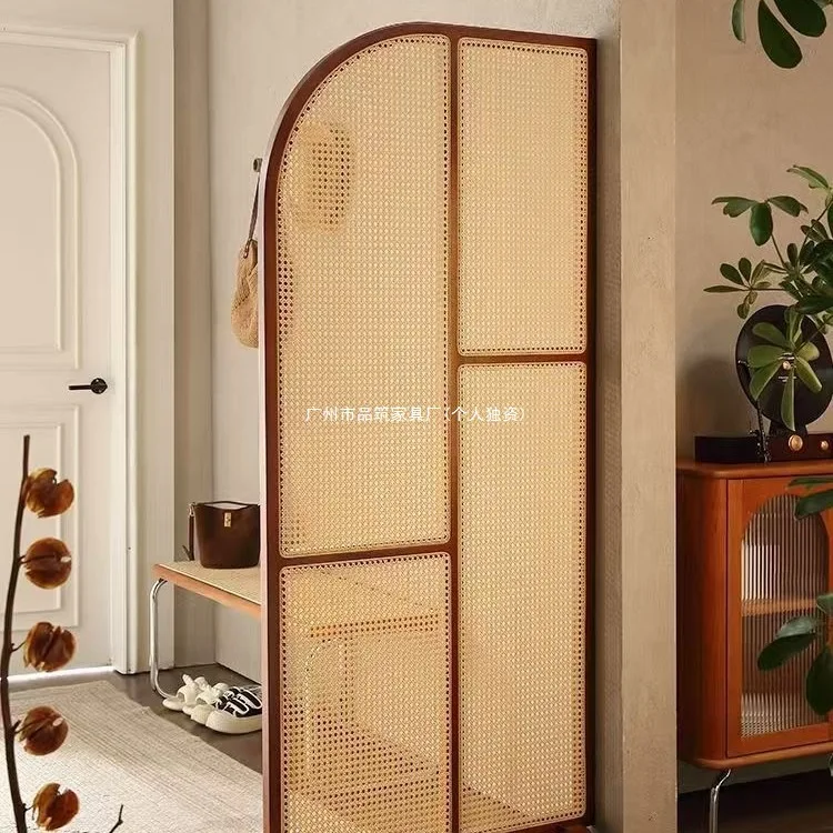 Yjq retro solid wood rattan screen partition entrance living room bedroom bed shading Japanese movable