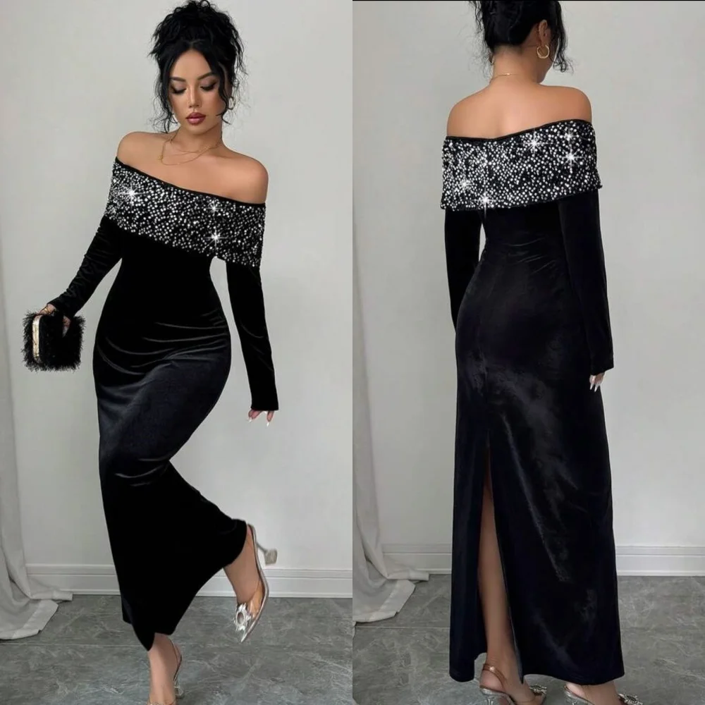 Customized Modern Style Fashion Velour Rhinestone Ruched Straight Off-the-shoulder Ankle Length Dresses Bespoke Occasion Dresses