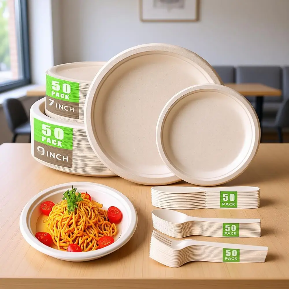 

Набор одноразовых бумажных тарелок, 250 шт., компостируемые тарелки из сахарного тростника, экологичный набор посуды, включает 50 биоразлагаемых тарелок