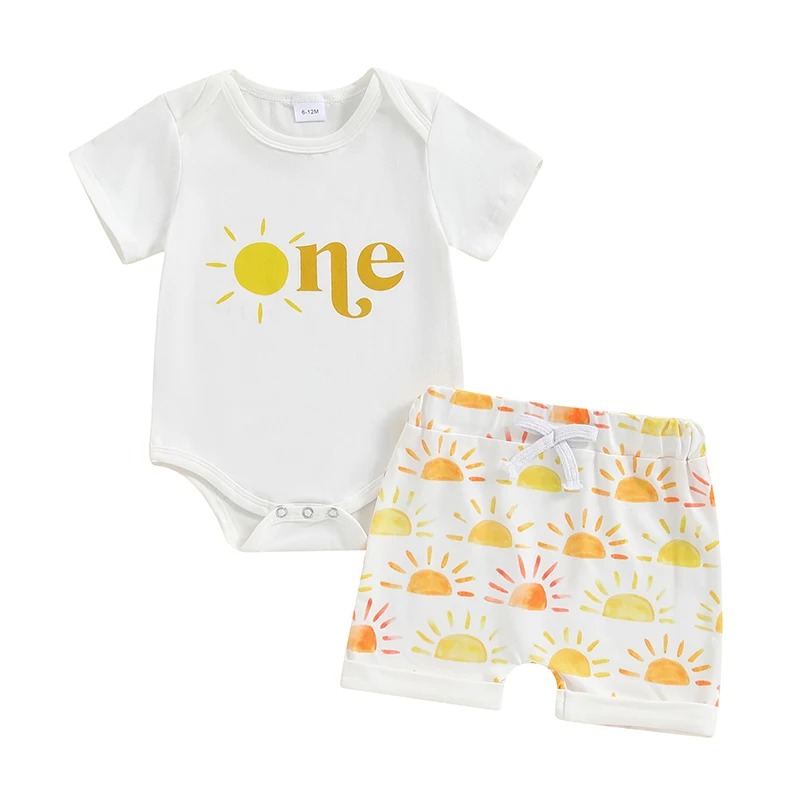 First Birthday Outfit Boy Sun One Romper Short Sleeve Bodysuit Sun Print Shorts Set One Year Old Birthday Outfit