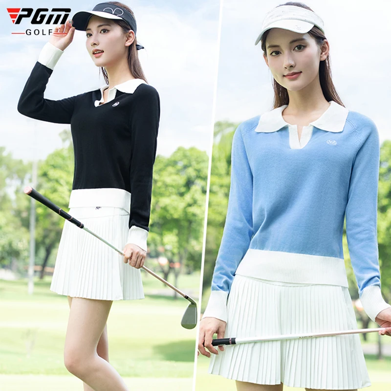 PGM Golf Shirt for Women Warm Knitted Sweater Elastic Long Sleeve Golf Tops Lady Pleated Slim Skirts High Waist Sports Skorts