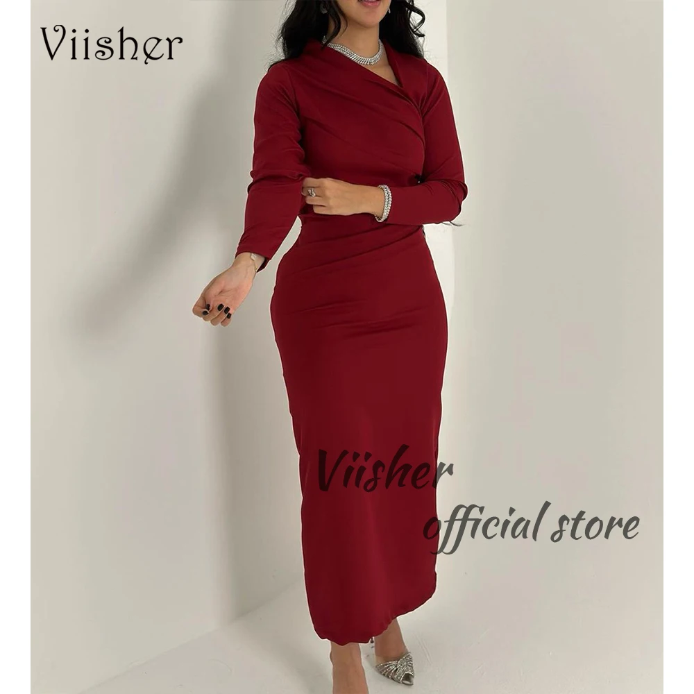 

Viisher Rust Red Satin Mermaid Evening Dresses Long Sleeve V Neck Prom Dress Ankle Length Arabian Dubai Formal Gowns