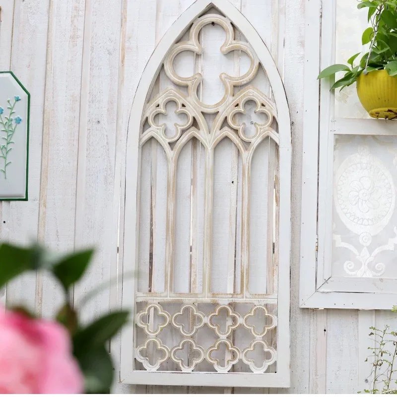 

Gothic Cathedral Window Wall Decor, White Distressed Wood, 35.4 x 14.8 inches