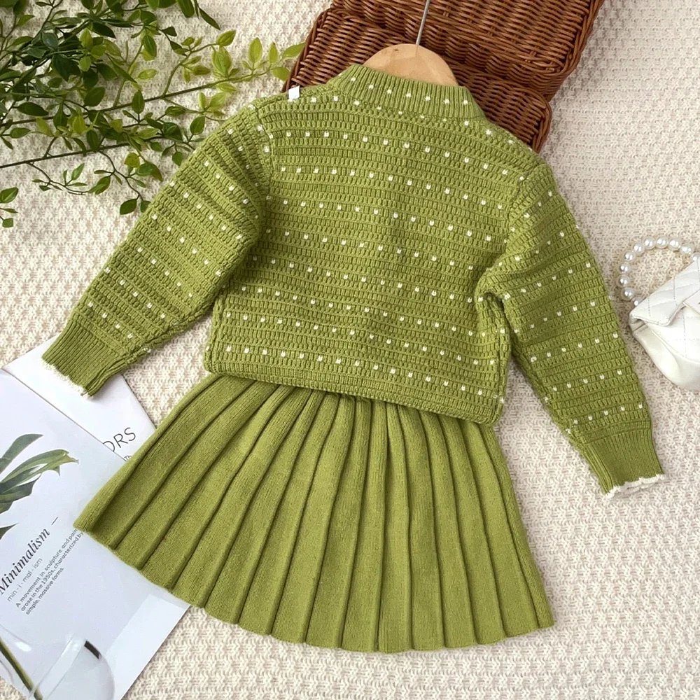 Herbst- und Winterkleidung für Mädchen: Langärmeliger Strickpullover, Strickjacke + Plissierter Kurzrock, Süße und Niedliche Prinzessinnenkleidung für Kinder – Detail 10