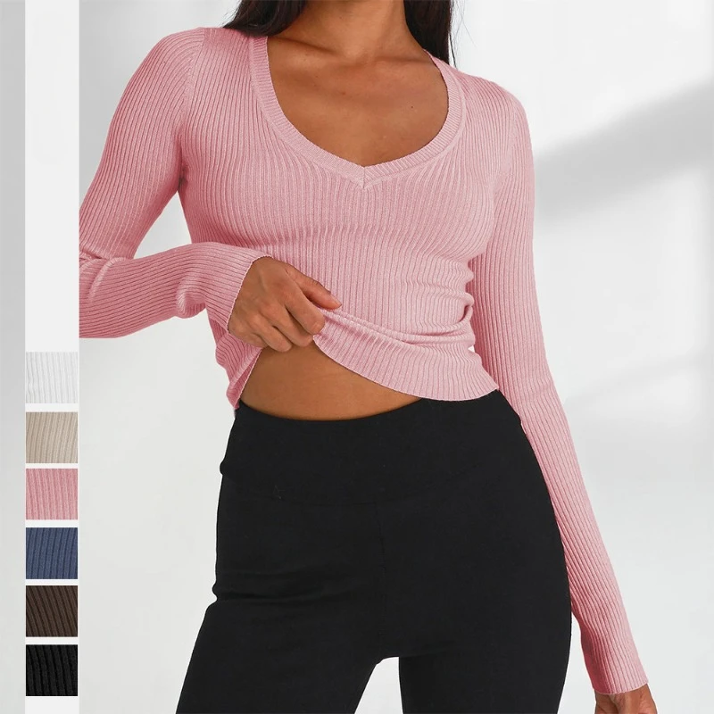 Women's Knitted Shirt European and American Sexy Outfit Solid Color Base Shirt V-neck Long Sleeved Top