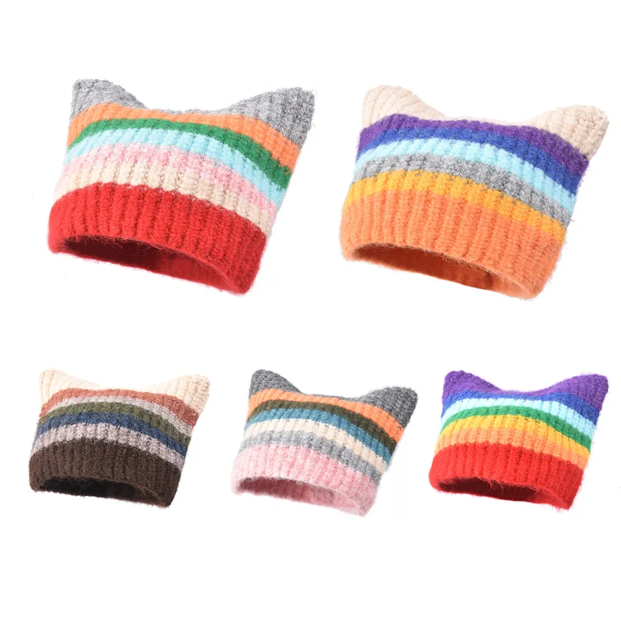 Color Retro Contrasting Plush Hat Rainbow Gradual Change Knitted Beanie Hat Women Autumn and Winter Warm Cute Cat Ears Wool Hat