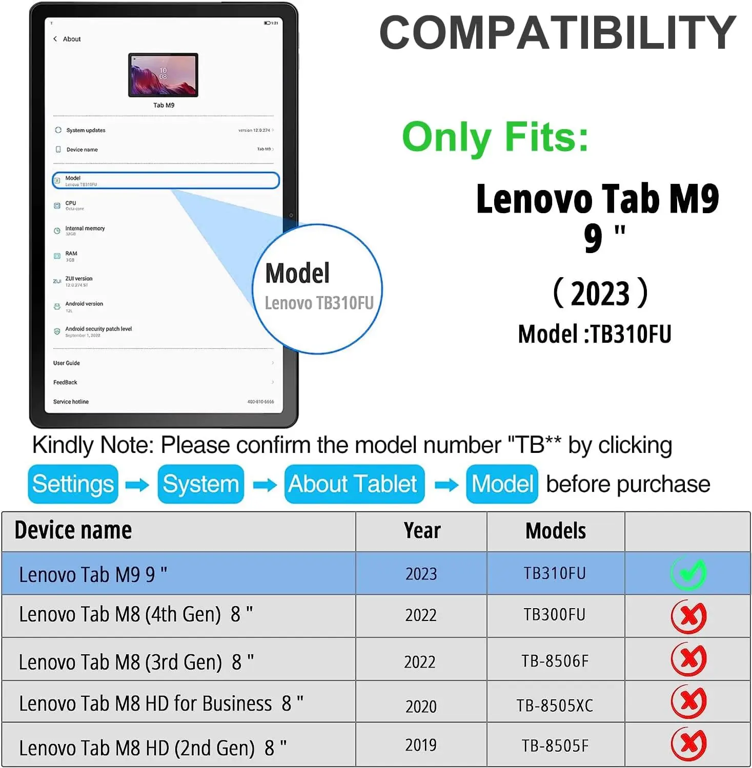 Keyboard Case For Lenovo Tab M9 2023 Release 9 inch Detachable Magnetically Keyboard For Lenovo Tab M9 TB-310FU TB-310XU Case view 2