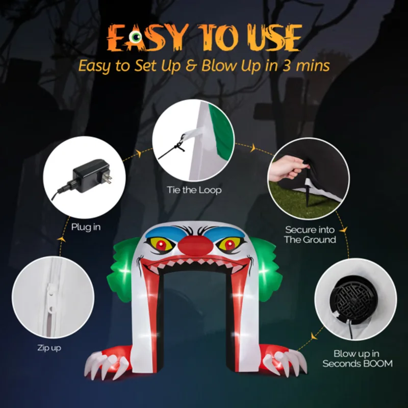 9 Ft Clown Arch 12 LED Lights Halloween Inflatable Decoration Transform Your Yard Into A Spooky Spectacle With Our