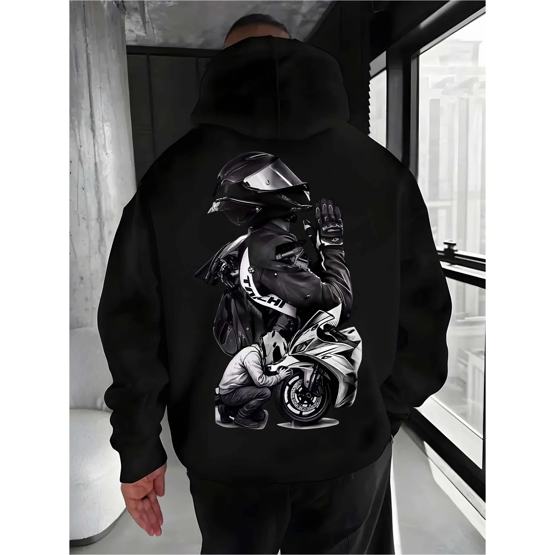 Men's Biker Print Hoodie Hip Hop Sports Streetwear Motorcycle Rider Casual Loose Pullover Sweatshirt Tops