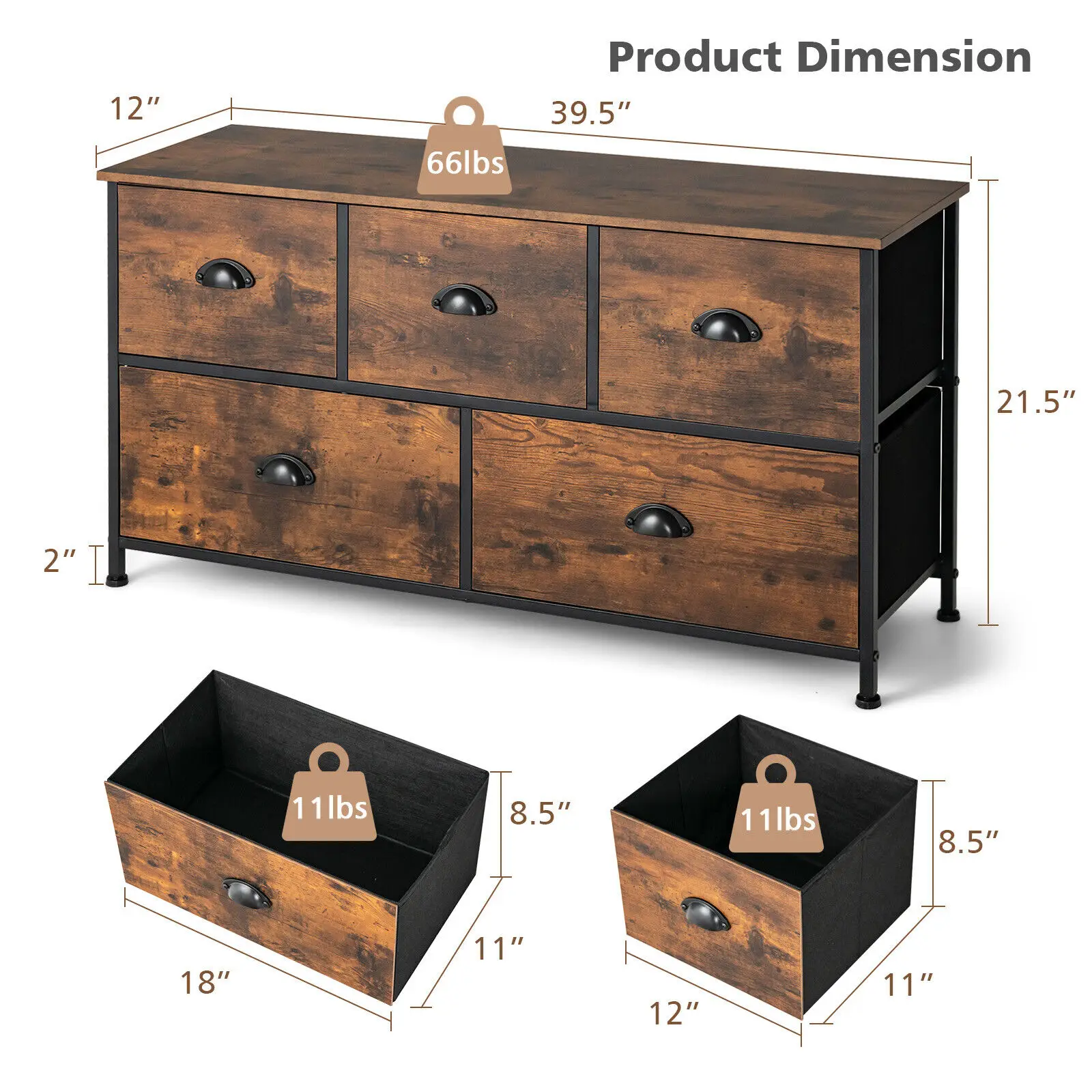 Costway 5-Drawer Dresser Fabric Storage Tower w/wooden Top Chest Organizer Rustic Brown