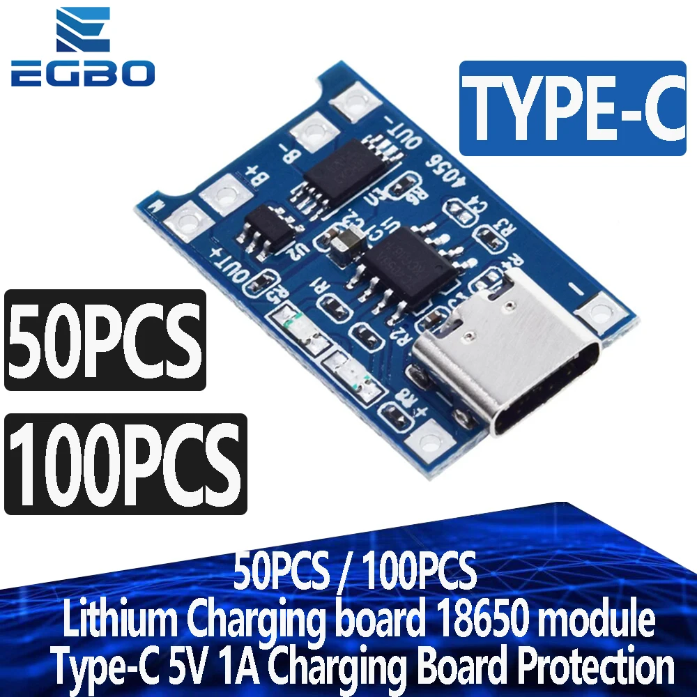 50PCS/100PCS EGBO Lithium Charging board 18650 module Type-C 5V 1A Charging Board Protection Dual Functions tp4056