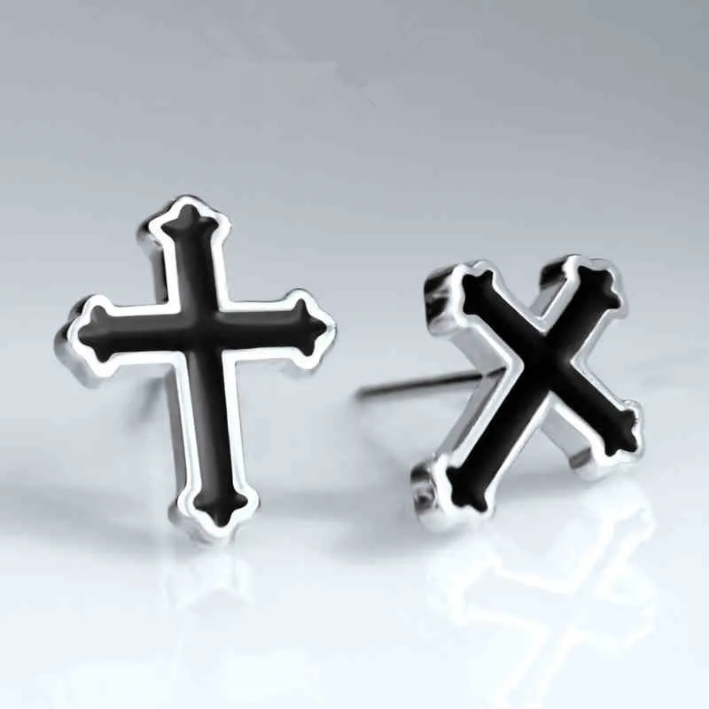 European and American Minimalist Style Black Enamel Cross-shaped Stud Earrings, Trendy Hip-hop Style, Masculine Ear Ornaments