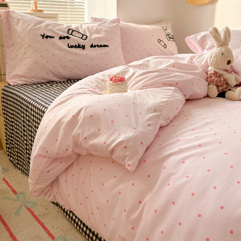 Towel Embroidery Bedsheet Set Polka Dot Printed Bedding Single/Double/Queen Size Soft Bed Linen Set Bedclothes juegos de sábanas