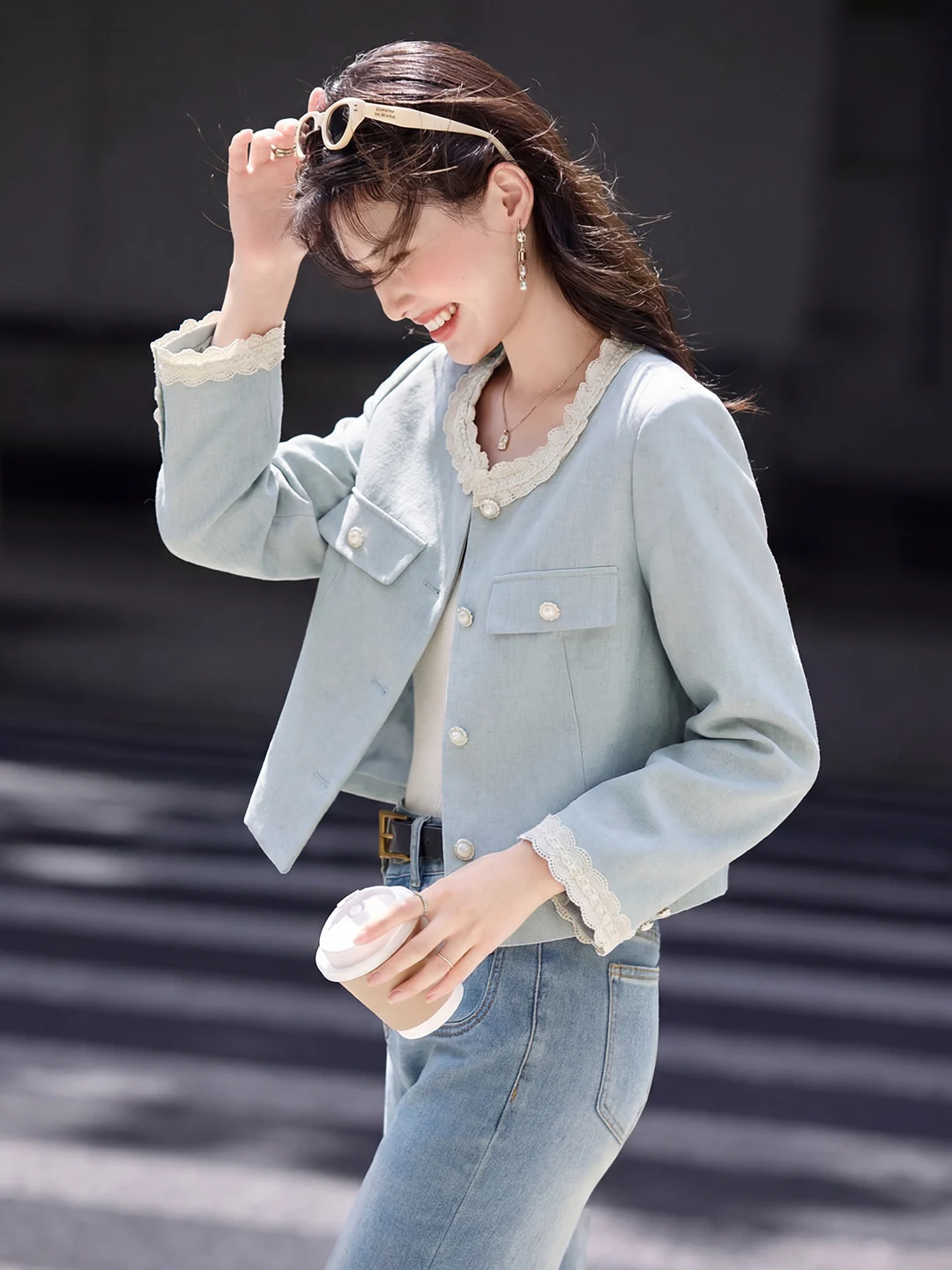 

Ele ort Lace Jaet Women's Faion Spring New Sle Casual Stand Fit Polyester Blend Slimming Versatile Top