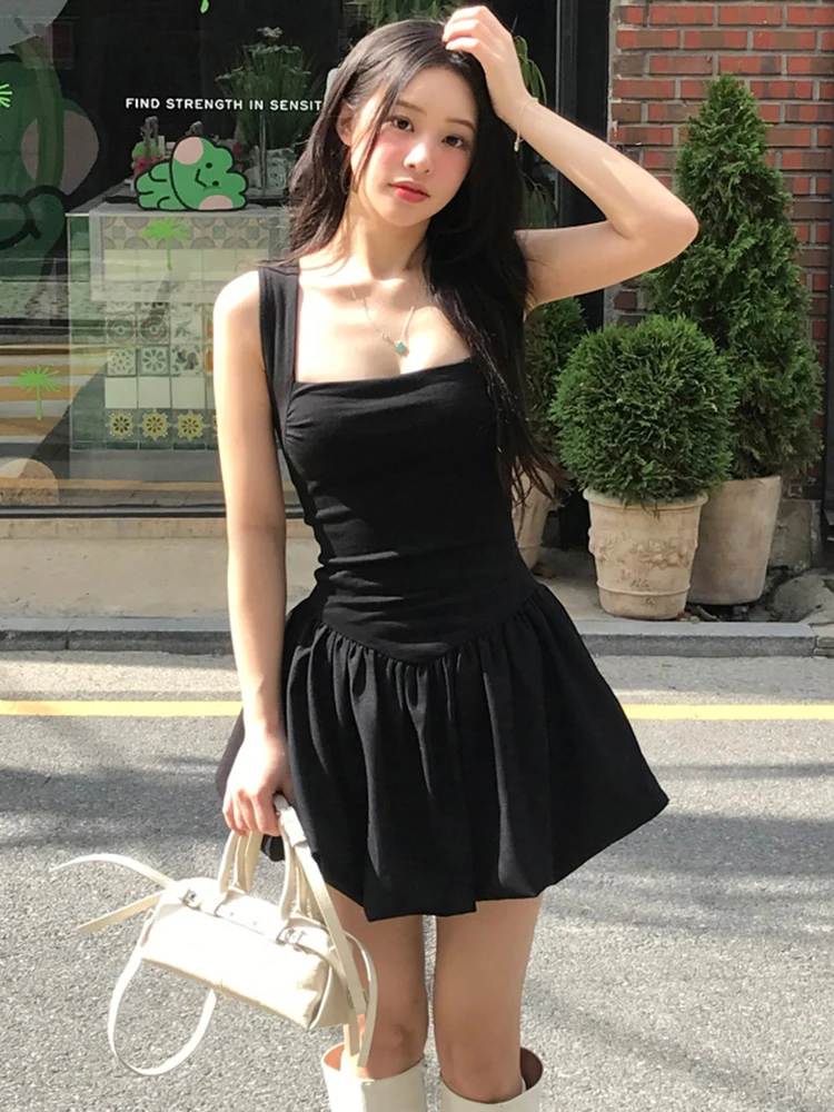 Amyway バレエレトロスクエアカラーノースリーブベストドレスウエスト絞りプリンセススカートふわふわショートスカート女性のサマードレス