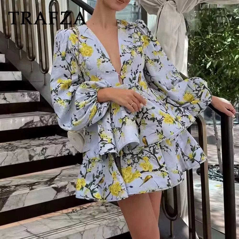 

TRAFZA Vintage Summer Flax Woman Print Dresses Fashion 2025 Sexy V-Neck Lantern Sleeve Dress Pleated Party Mini Mujer Vestidos