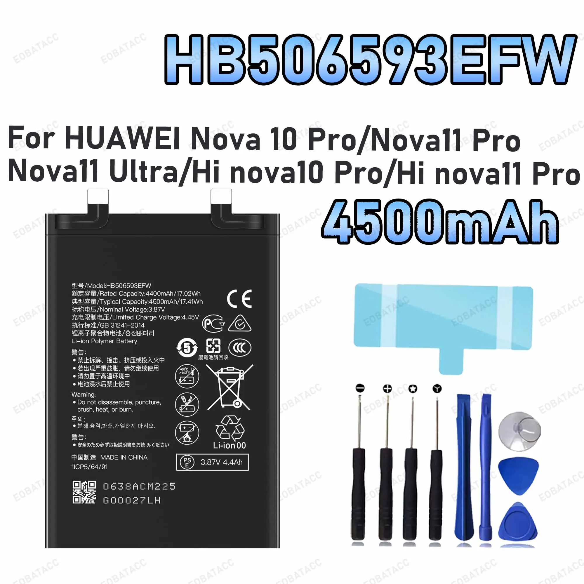 4500mAh HB506593EFW Replacement Battery for Huawei Nova 10 Pro/Nova11 Pro/Nova11 Ultra battery Repair Tools Kit