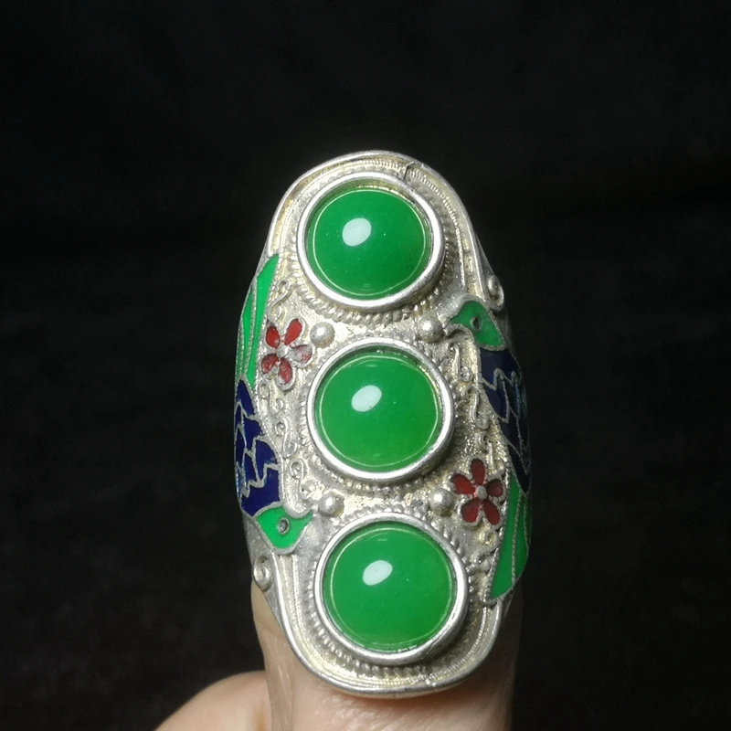 

1919 Antique art Old ChineseOld Tibet Silver carving bird inlay Jade Ring Decoration Gift Collection