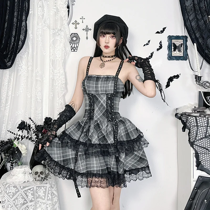 Y2K Goth Grey Plaid Lace Trim Mini abito Estetico sexy senza maniche Backless Lace-up A-Line Abito corto Donna Moda estiva