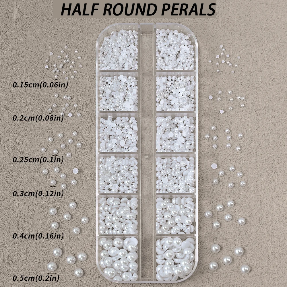 12 กริด 3D สีขาวรอบ/ครึ่งวงกลมไข่มุกเล็บ Charms 0.15-0.5 ซม.Faltback เพิร์ลคาเวียร์ลูกปัด Rhinestone DIY อุปกรณ์แต่งเล็บ