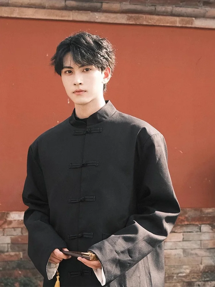 

New Chinese Sle Men's Bla Jaet oulder Pads Stand Collar Tang Costume Improved Outerwear Autumn High End Feeling Butto...