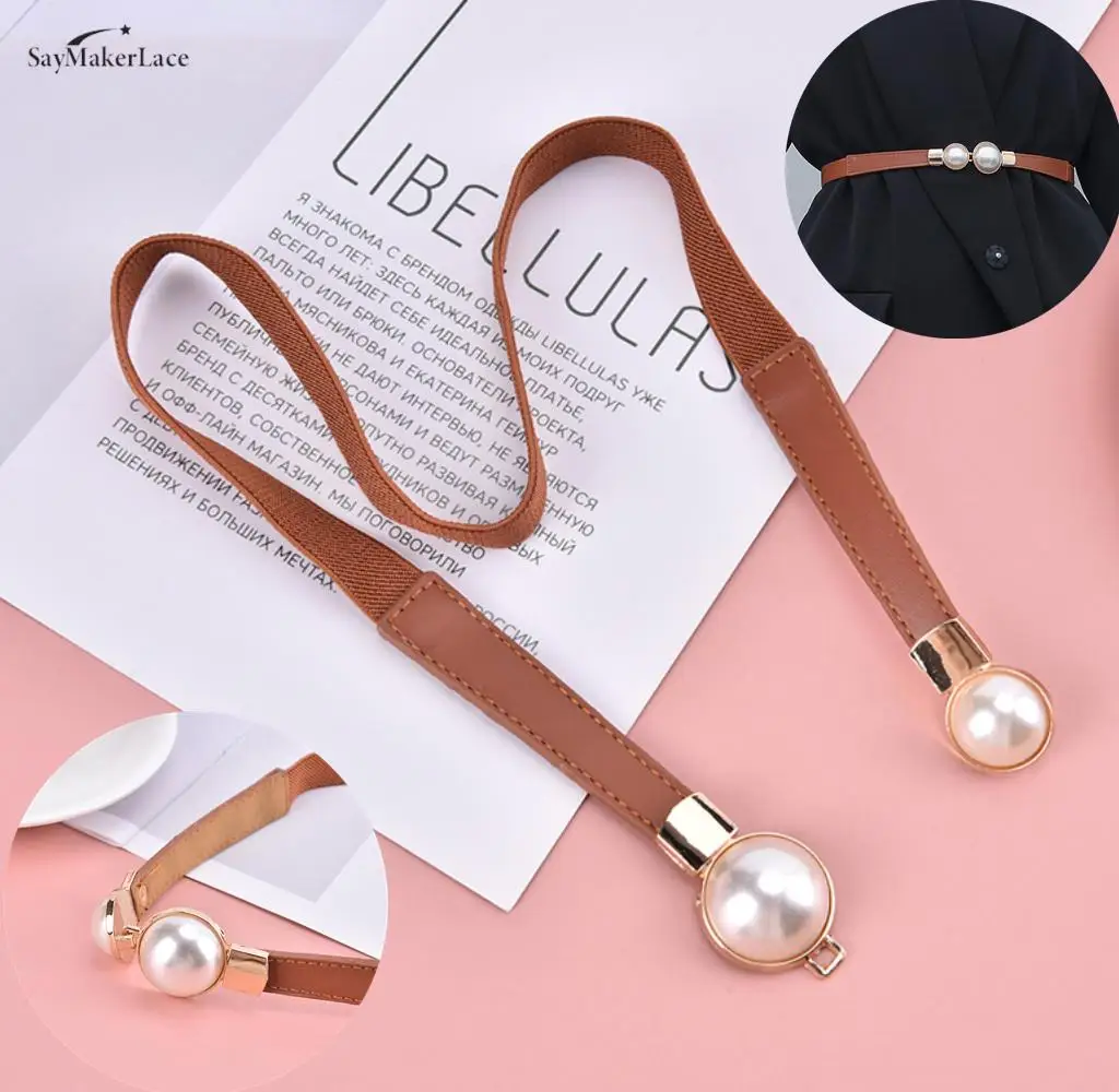 

Fashion Creative Pearl Buckle High Quality Belt PU Leather For Women Simple Versatile Dress Skirt Waist Elastic Thin Belts