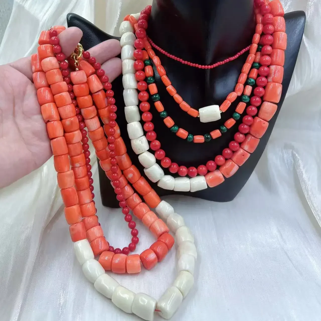 Orange Red Vintage Round Natural Sea Bamboo Coral Women Jewelry Short Collar Necklace 17-20inch view 5